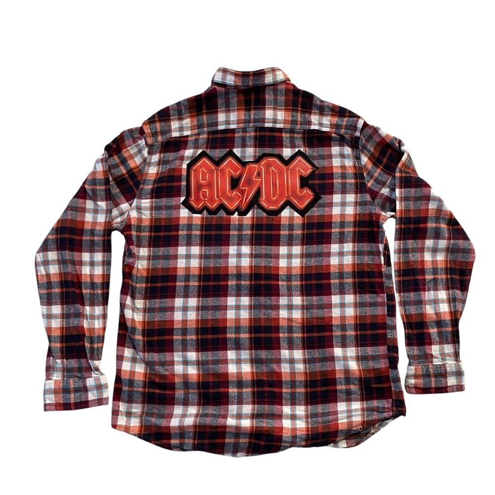 Cutom handmade One of a Kind AC / DC Orange and Blue Plaid Flannel Shirt Men’s L